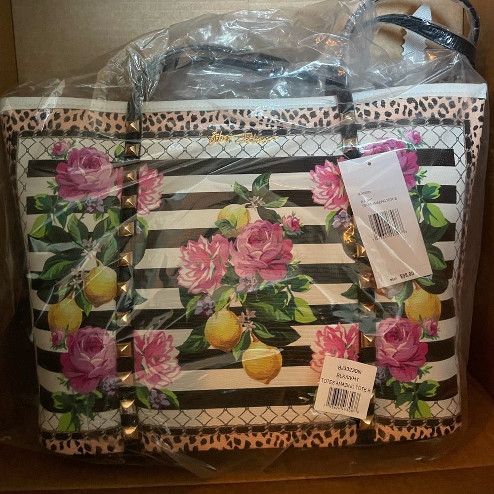 Betsey Johnson tote bag Seeing Stripes black & white, lemons, roses, leopard